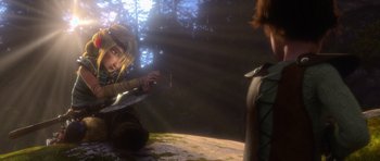 Movie still from “How to Train Your Dragon” (2010), directed by Chris Sanders – A woman is holding a knife in her hand and a man is holding a knife in his hand; Medium shot, Over the shoulder angle