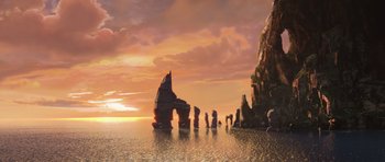 Movie still from “How to Train Your Dragon” (2010), directed by Chris Sanders – An image of an island in the middle of the ocean; Extreme Wide shot, Low angle