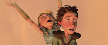 Movie still from “How to Train Your Dragon” (2010), directed by Chris Sanders – A couple of people standing next to each other; Medium shot, Low angle