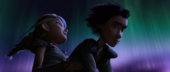 Movie still from “How to Train Your Dragon” (2010), directed by Chris Sanders – Two animated characters are standing next to each other; Medium shot, Low angle