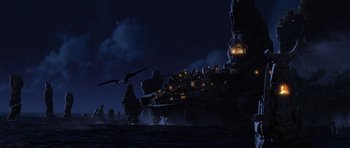 Movie still from “How to Train Your Dragon” (2010), directed by Chris Sanders – An image of an alien ship in the night sky; Extreme Wide shot, High angle
