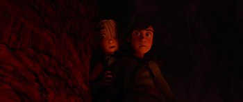 Movie still from “How to Train Your Dragon” (2010), directed by Chris Sanders – Two children are looking up at a tree; Medium shot, Low angle