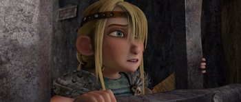 Movie still from “How to Train Your Dragon” (2010), directed by Chris Sanders – A girl with blonde hair; Close Up shot, Low angle