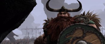 Movie still from “How to Train Your Dragon” (2010), directed by Chris Sanders – An image of an animated character with horns and a beard; Close Up shot, Low angle