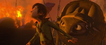 Movie still from “How to Train Your Dragon” (2010), directed by Chris Sanders – An animated scene of a boy and an animal; Medium shot, Low angle