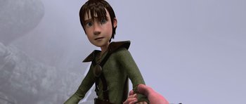 Movie still from “How to Train Your Dragon” (2010), directed by Chris Sanders – A person holding another person's hand while they look into the distance; Medium shot, Low angle