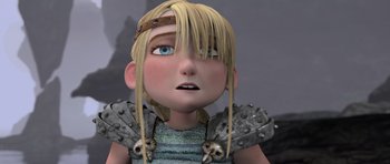 Movie still from “How to Train Your Dragon” (2010), directed by Chris Sanders – A cartoon character with blonde hair; Close Up shot, Low angle