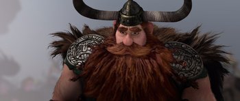 Movie still from “How to Train Your Dragon” (2010), directed by Chris Sanders – A person with a beard and a horned hat; Close Up shot, Low angle