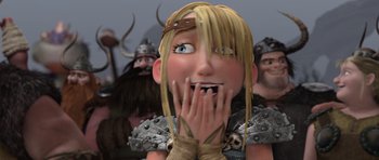 Movie still from “How to Train Your Dragon” (2010), directed by Chris Sanders – A woman with blond hair and a helmet on her head; Close Up shot, Low angle