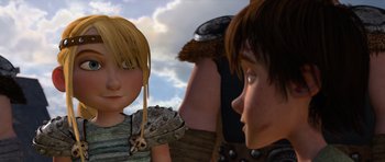 Movie still from “How to Train Your Dragon” (2010), directed by Chris Sanders – A boy and a girl are standing next to each other; Close Up shot, Over the shoulder angle