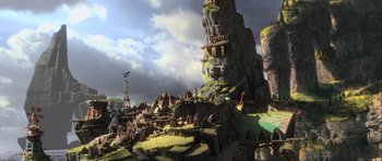 Movie still from “How to Train Your Dragon 2” (2014), directed by Dean DeBlois – An image of an animated scene with a lot of buildings; Extreme Wide shot, High angle