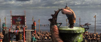 Movie still from “How to Train Your Dragon 2” (2014), directed by Dean DeBlois – An animated scene with a crowd of people watching; Extreme Wide shot, Low angle