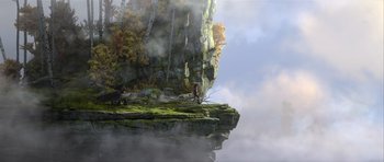 Movie still from “How to Train Your Dragon 2” (2014), directed by Dean DeBlois – A man standing on a cliff looking at the sky; Extreme Wide shot, Overhead angle