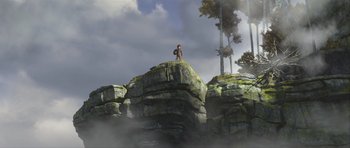 Movie still from “How to Train Your Dragon 2” (2014), directed by Dean DeBlois – A man standing on top of a rock formation; Extreme Wide shot, Low angle