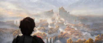 Movie still from “How to Train Your Dragon 2” (2014), directed by Dean DeBlois – A person standing in front of a painting of a mountain; Extreme Wide shot, Over the shoulder angle