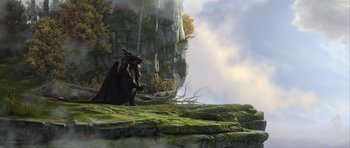 Movie still from “How to Train Your Dragon 2” (2014), directed by Dean DeBlois – An image of a man sitting on a cliff; Extreme Wide shot, Low angle