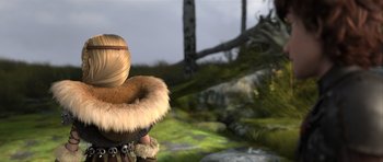Movie still from “How to Train Your Dragon 2” (2014), directed by Dean DeBlois – An image of a woman in a fur coat in the woods; Close Up shot, Over the shoulder angle