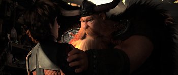 Movie still from “How to Train Your Dragon 2” (2014), directed by Dean DeBlois – An animated scene of a man with a beard and horns; Medium shot, Over the shoulder angle