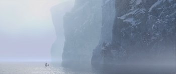 Movie still from “How to Train Your Dragon 2” (2014), directed by Dean DeBlois – A view of a body of water with a mountain in the background; Extreme Wide shot, Low angle