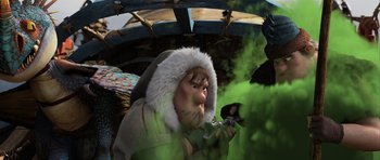 Movie still from “How to Train Your Dragon 2” (2014), directed by Dean DeBlois – A person with a fur coat and a hat on; Medium shot, High angle