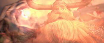 Movie still from “How to Train Your Dragon 2” (2014), directed by Dean DeBlois – An image of an animated character with a big beard and horns; Close Up shot, Low angle