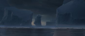 Movie still from “How to Train Your Dragon 2” (2014), directed by Dean DeBlois – An image of an ocean with a bunch of rocks in the background; Extreme Wide shot, Low angle