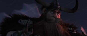 Movie still from “How to Train Your Dragon 2” (2014), directed by Dean DeBlois – An image of an animated character with horns and a beard; Close Up shot, Low angle
