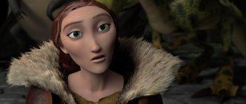 Movie still from “How to Train Your Dragon 2” (2014), directed by Dean DeBlois – A woman with green eyes; Close Up shot, Over the shoulder angle