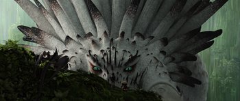 Movie still from “How to Train Your Dragon 2” (2014), directed by Dean DeBlois – The eyes of a dragon; Wide shot, Over the shoulder angle