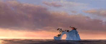 Movie still from “How to Train Your Dragon 2” (2014), directed by Dean DeBlois – An animated scene of a group of animals sitting on top of an iceberg in the ocean; Extreme Wide shot, Low angle