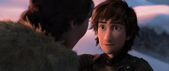 Movie still from “How to Train Your Dragon 2” (2014), directed by Dean DeBlois – A person with a person with green eyes; Close Up shot, Over the shoulder angle