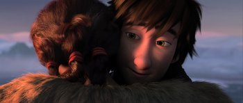 Movie still from “How to Train Your Dragon 2” (2014), directed by Dean DeBlois – A boy's face with a furry animal; Close Up shot, Low angle