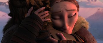 Movie still from “How to Train Your Dragon 2” (2014), directed by Dean DeBlois – A woman is holding her hair in her arms; Close Up shot, Over the shoulder angle