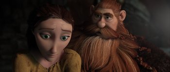 Movie still from “How to Train Your Dragon 2” (2014), directed by Dean DeBlois – A man and a woman with green eyes and brown hair; Close Up shot, Over the shoulder angle
