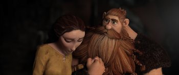 Movie still from “How to Train Your Dragon 2” (2014), directed by Dean DeBlois – A woman and a man with long hair and a beard; Close Up shot, Low angle