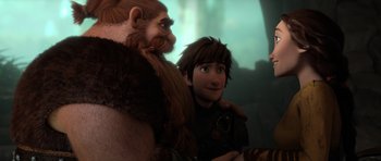Movie still from “How to Train Your Dragon 2” (2014), directed by Dean DeBlois – A couple of men standing next to each other in a room; Medium shot, Over the shoulder angle