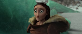 Movie still from “How to Train Your Dragon 2” (2014), directed by Dean DeBlois – A woman in a brown jacket with a fur collar; Close Up shot, Over the shoulder angle