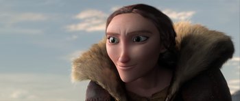 Movie still from “How to Train Your Dragon 2” (2014), directed by Dean DeBlois – An animated woman with green eyes and a brown coat; Close Up shot, Over the shoulder angle