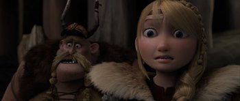Movie still from “How to Train Your Dragon 2” (2014), directed by Dean DeBlois – A person with a beard and horns on; Close Up shot, Low angle