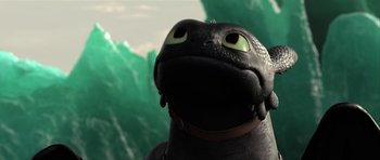 Movie still from “How to Train Your Dragon 2” (2014), directed by Dean DeBlois – The head of toothless from how to train your dragon; Close Up shot, High angle