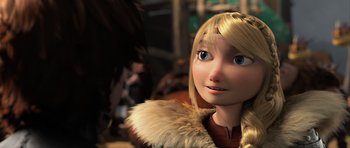 Movie still from “How to Train Your Dragon 2” (2014), directed by Dean DeBlois – A young girl with blonde hair and blue eyes; Close Up shot, Over the shoulder angle