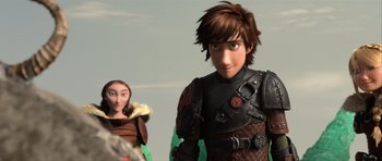 Movie still from “How to Train Your Dragon 2” (2014), directed by Dean DeBlois – A person and a character from how to train your dragon; Medium shot, Over the shoulder angle