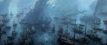 A painting of ships in the water with a mountain in the background