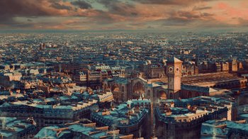 Movie still from “Hugo” (2011), directed by Martin Scorsese – Extreme Wide shot, High angle