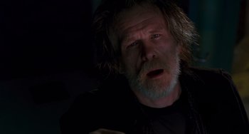 Movie still from “Hulk” (2003), directed by Ang Lee – An older man with long grey hair and a beard; Close Up shot, Low angle