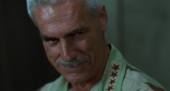 Movie still from “Hulk” (2003), directed by Ang Lee – An older man with gray hair and a stern look on his face; Close Up shot, Low angle