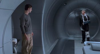 Movie still from “Hulk” (2003), directed by Ang Lee – A man standing inside of an underground tunnel; Wide shot, High angle