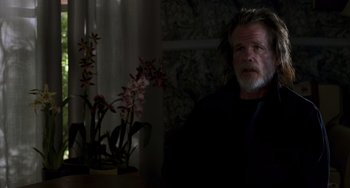 Movie still from “Hulk” (2003), directed by Ang Lee – An older man sitting in front of a flower pot; Medium shot, Over the shoulder angle