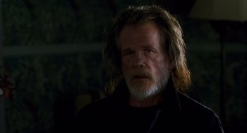 Movie still from “Hulk” (2003), directed by Ang Lee – A person with long hair and a beard; Close Up shot, Over the shoulder angle