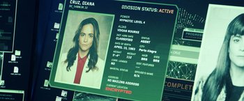 Movie still from “Hypnotic” (2023), directed by Robert Rodriguez – A person's id on a computer screen; Extreme Close Up shot, High angle